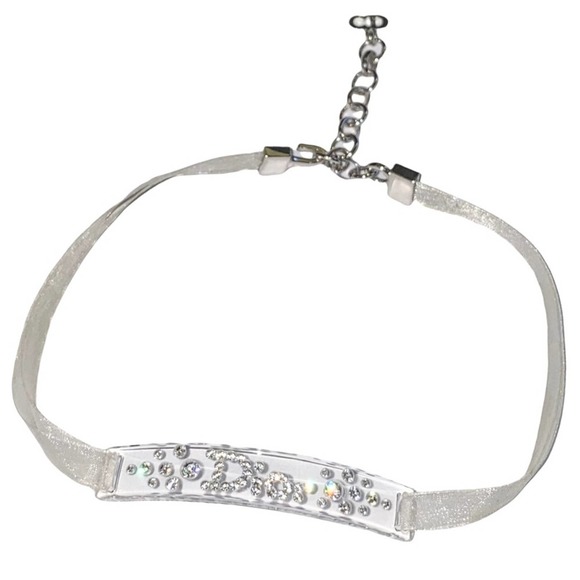 VTG Christian Dior Clear Lucite Rhinestone Logo Nameplate Ribbon